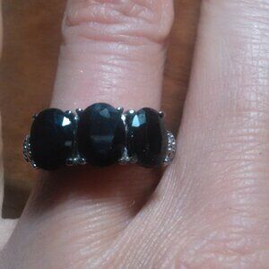 Midnight Sapphire Three Stone Stainless Steel Ring (Size 7)